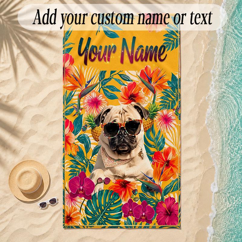 Pug Theme Soft Beach Towel Personalized Custom Name Text Towel Portable for Beach Pool Travel