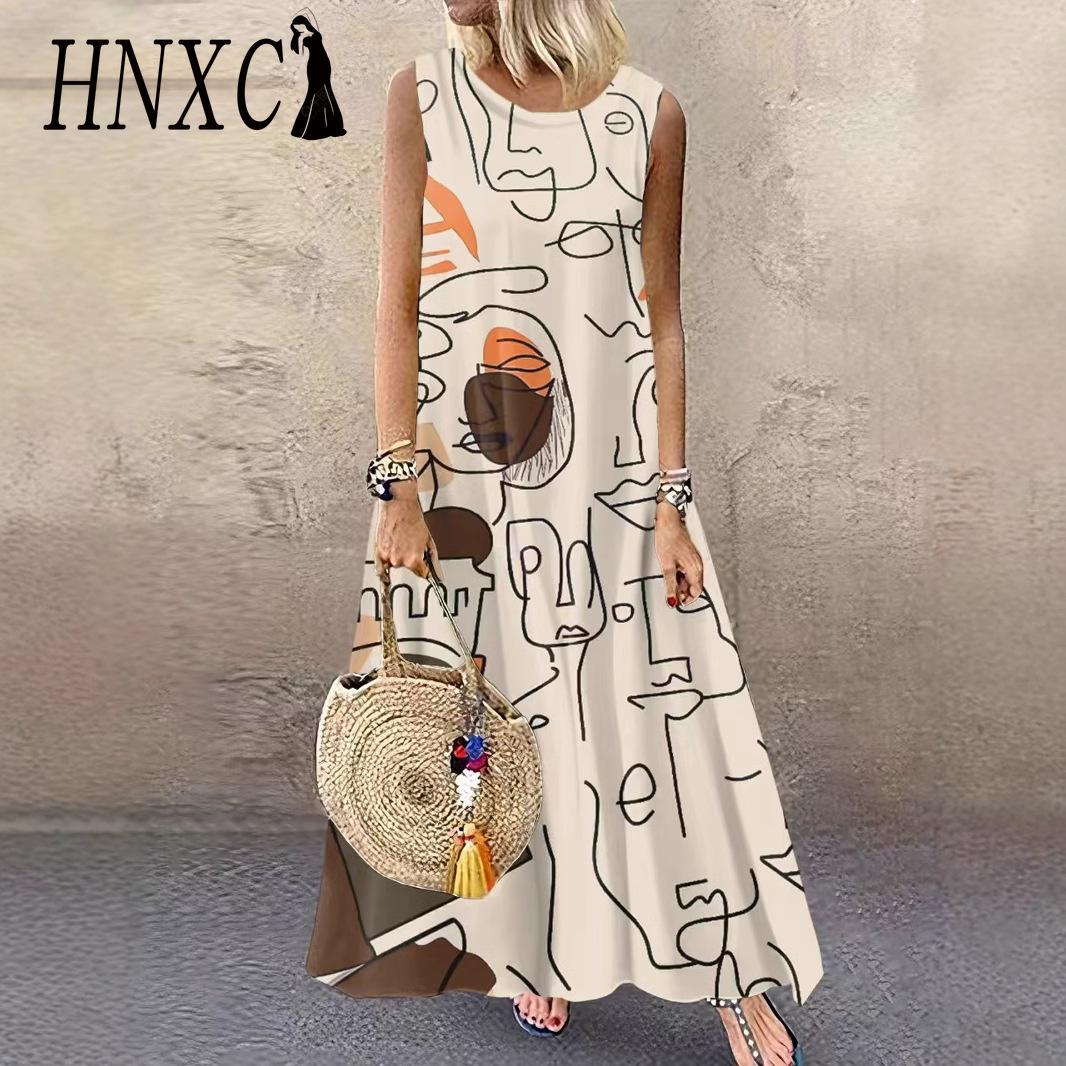 

HNXC Стильное летнее свободное женское платье без рукавов с винтажным принтом XXL