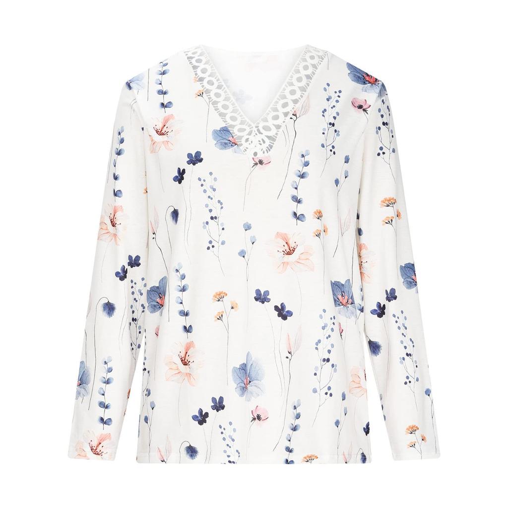 Ladies V Neck Casual Short Sleeve Casual Comfortable Loose Lace Print T-Shirt Top