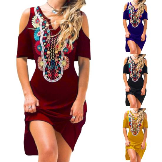 Fashion Dress Printing Loose Fit V Neck Off Shoulder Ladies Dress for Daily Life