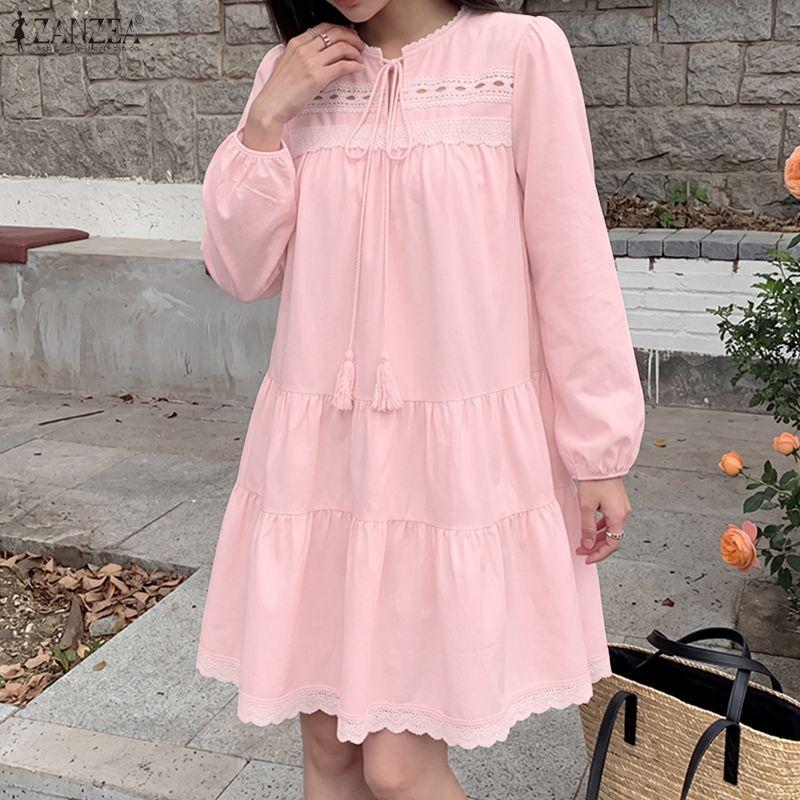 ZANZEA Womens Tassel Tie Neck Long Sleeve Crochet Lace Trim Mini Dress Casual Sundress
