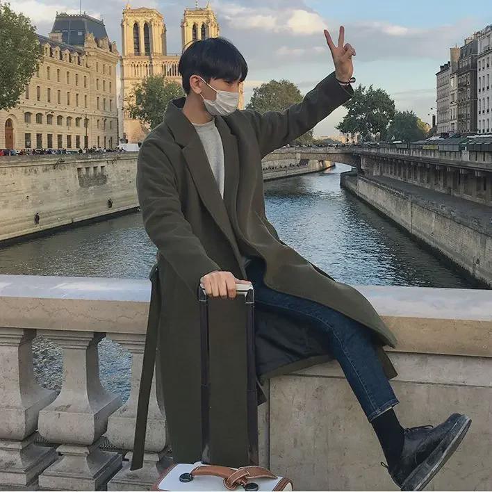 Men's Long Korean-Style Woolen Windbreaker Coat