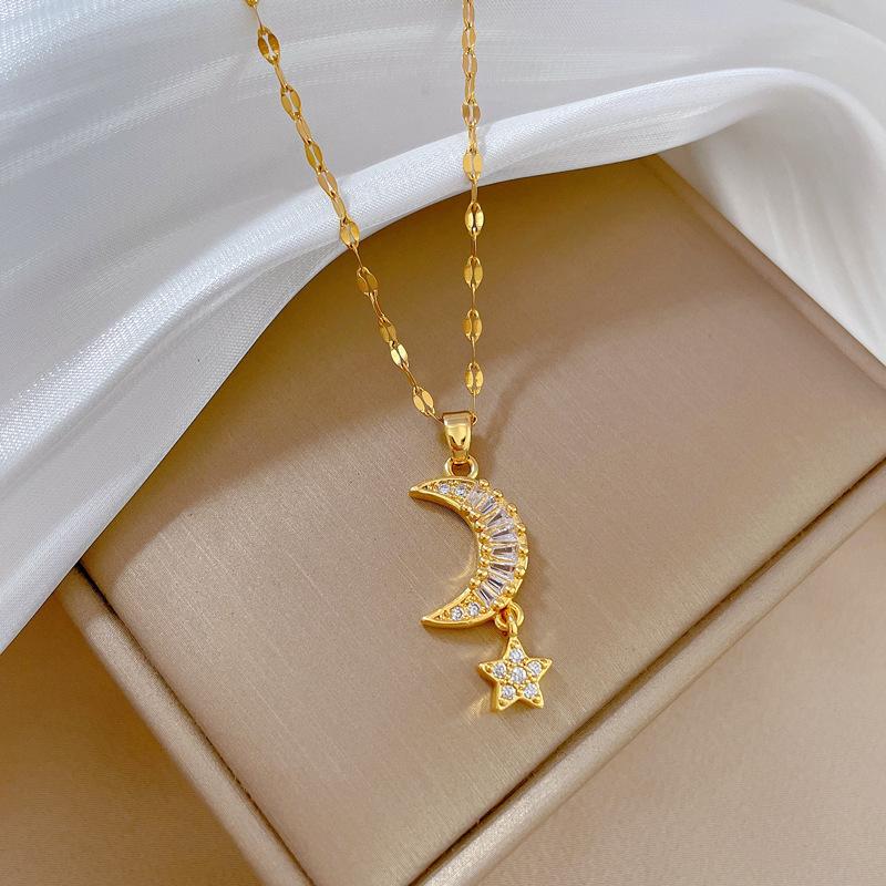 Titanium Steel Star Moon Light Luxury Temperament Gorgeous Full Diamond Necklace Female Versatile Collarbone Chain Titanium Steel Chain