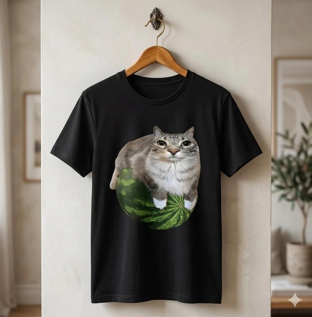 Unisex Adult Funny Graphic Watermelon Cat Meme Fny Graphic T-Shirt ... S