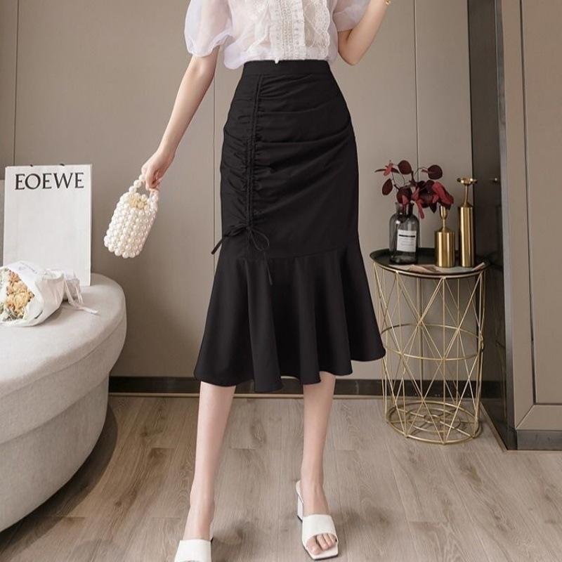 Women's Spring Summer High-Waisted Slimming Stretch Mermaid Hem Skirt with Ruffled Details Mid Length Bodycon Skirt Trendy