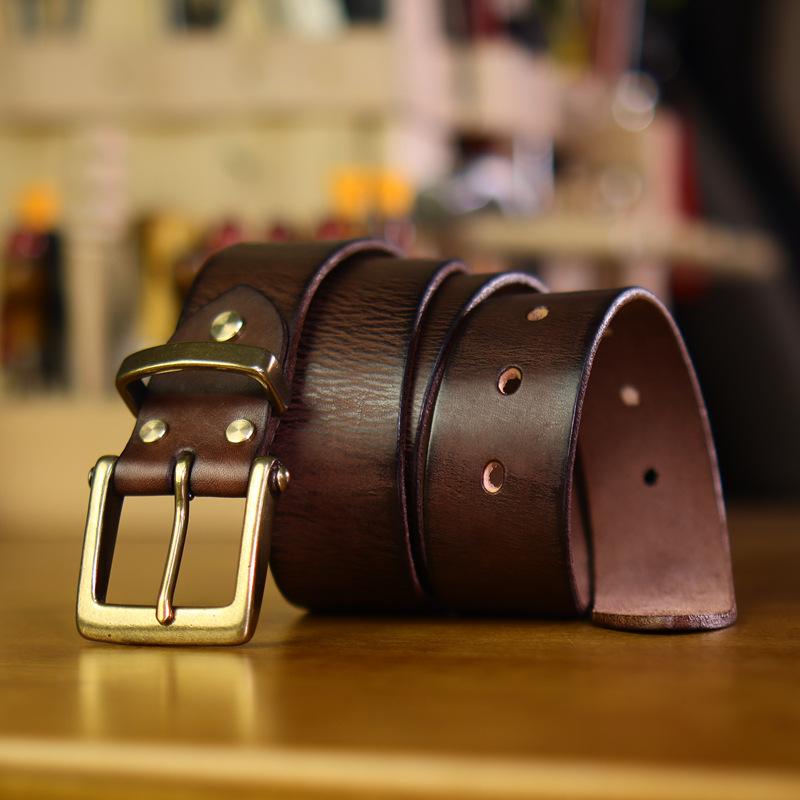 Handmade Pure Brass Square Buckle Retro Hand-Polished Men'S Belt Casual Pure Cowhide American Belt