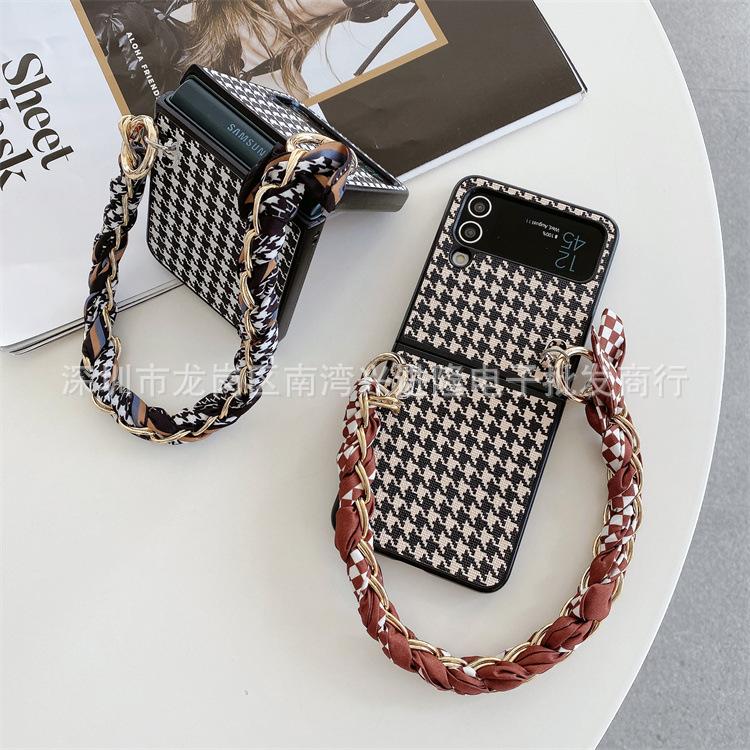Applicable To Samsung ZFlip3 Plaid Leather Folding Mobile Phone Case ZFlip4 Portable Rope Silk Scarf Back Cover Case Protective Case
