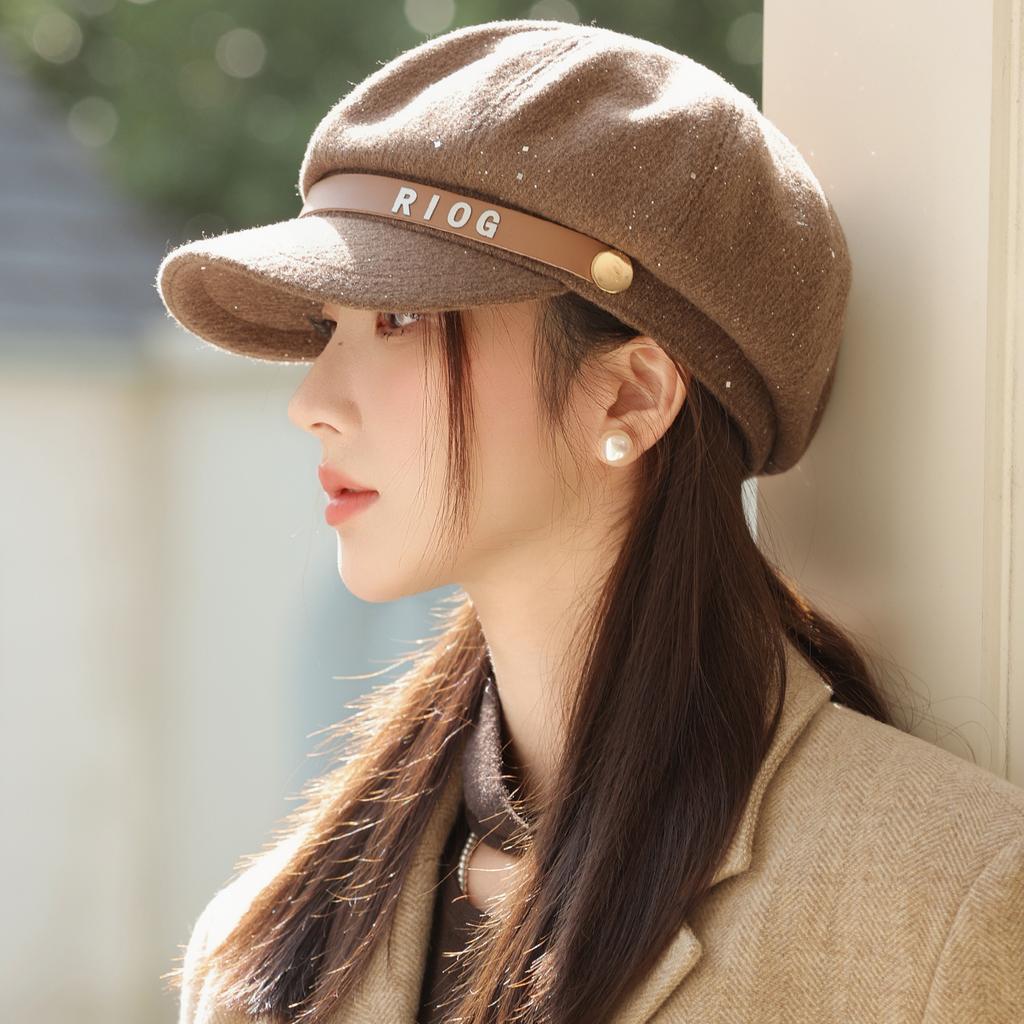 Vintage British Style Belt Buckle Octagonal Hat Women's Autumn New Painter Hat Beret