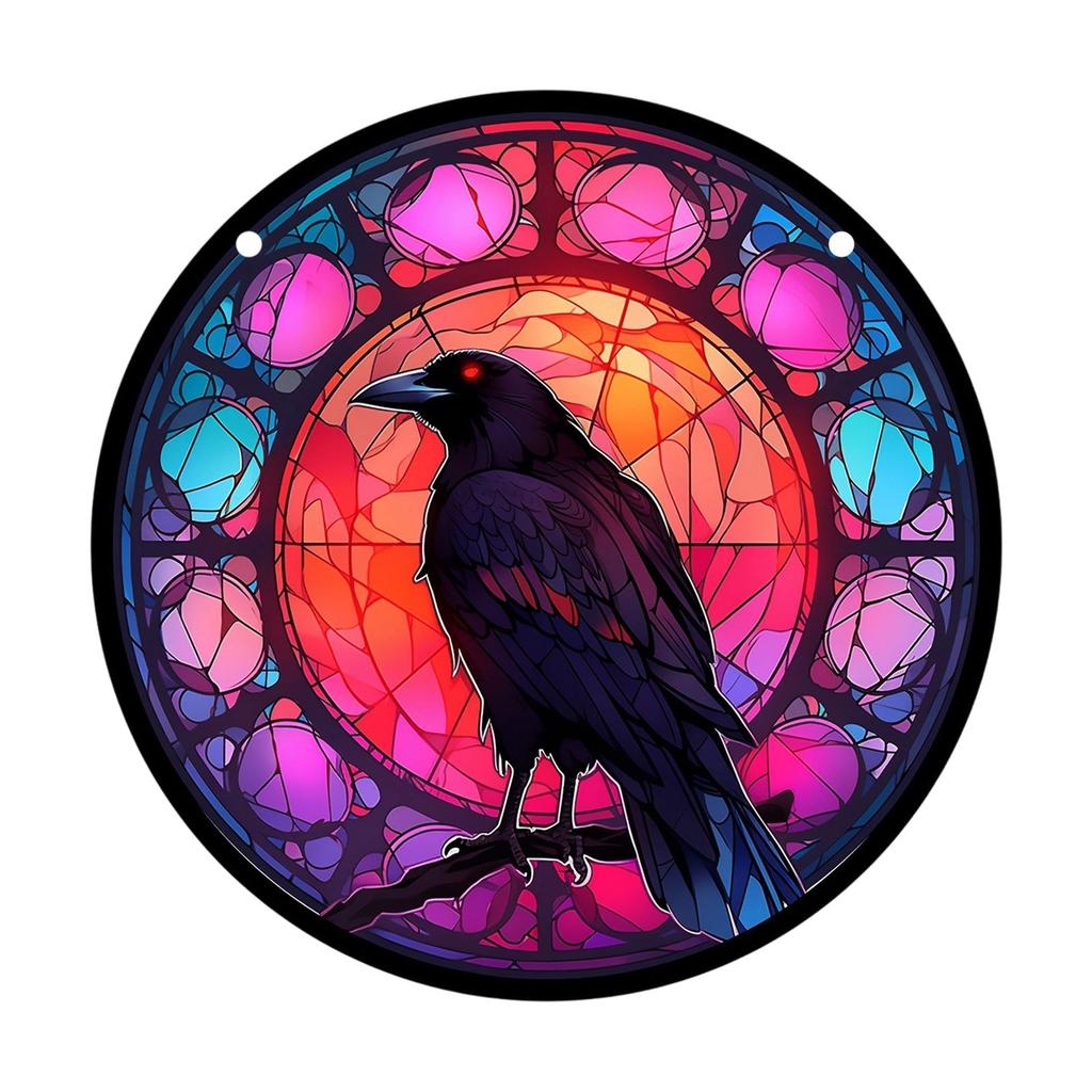 Raven Stained Glass Suncatcher Window Hanging Decoration Halloween Gothic Crow Glass Ornament for Window Home Kitchen