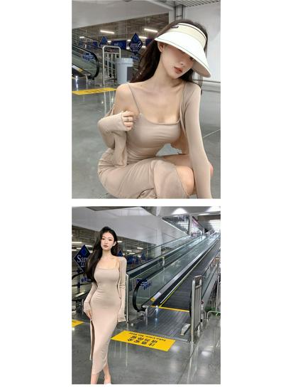 Spicy Girl 2025 Summer Slit Strap Dress & Cardigan Bodycon Two-Piece Set