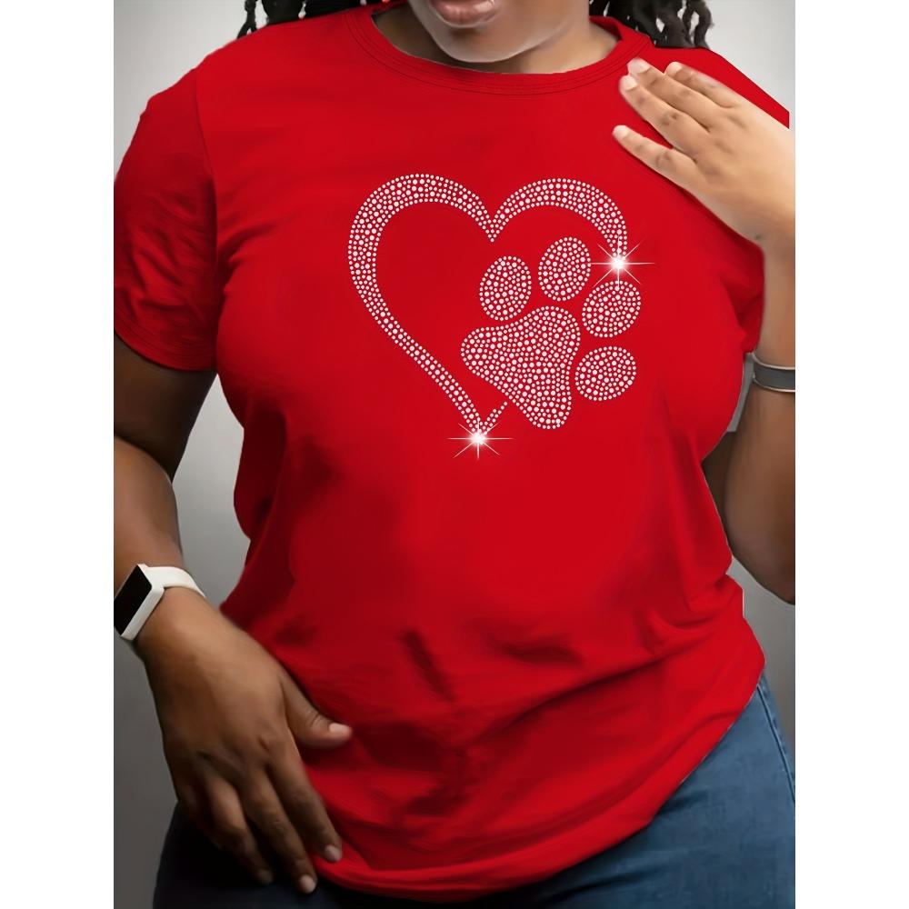 Rhinestone Heart Paw Print Women's Tee - Sparkly Pet Love Graphic, Casual Black Top