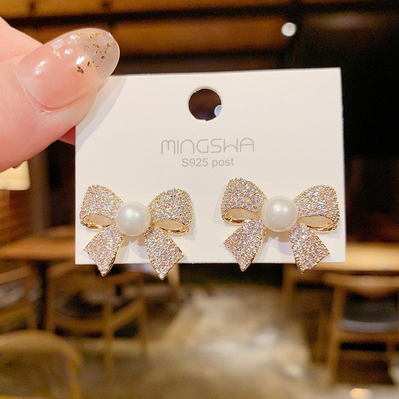 Korean Super Fairy Exquisite Micro-inlaid Bow Stud Earrings Femininity Personality Atmosphere Exaggerated Earrings Silver Needle Earrings