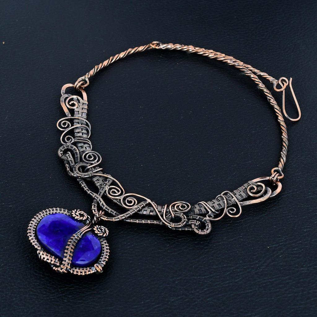 Blue Sapphire Necklace, Handmade Gemstone Necklace, 999 Copper Wire Wrapped Necklace Antique Jewelry, For Engagement Gift