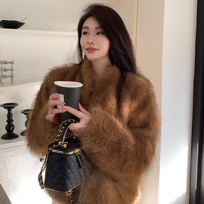 Women's Brown Faux Fox Fur Coat - Winter Chic, Elegant, Thick Mink-Style Top