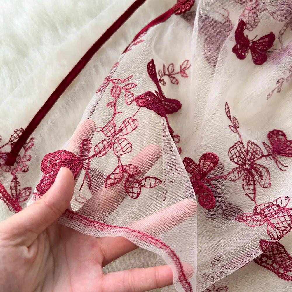 Singerie Mesh Sheer Sexy Nachtkleid Frauen Hollow Out Split Retro Unterwäsche Stickerei Cheongsam Weiblich Schmetterling Muster Erotische Mode Pyjamas 2024