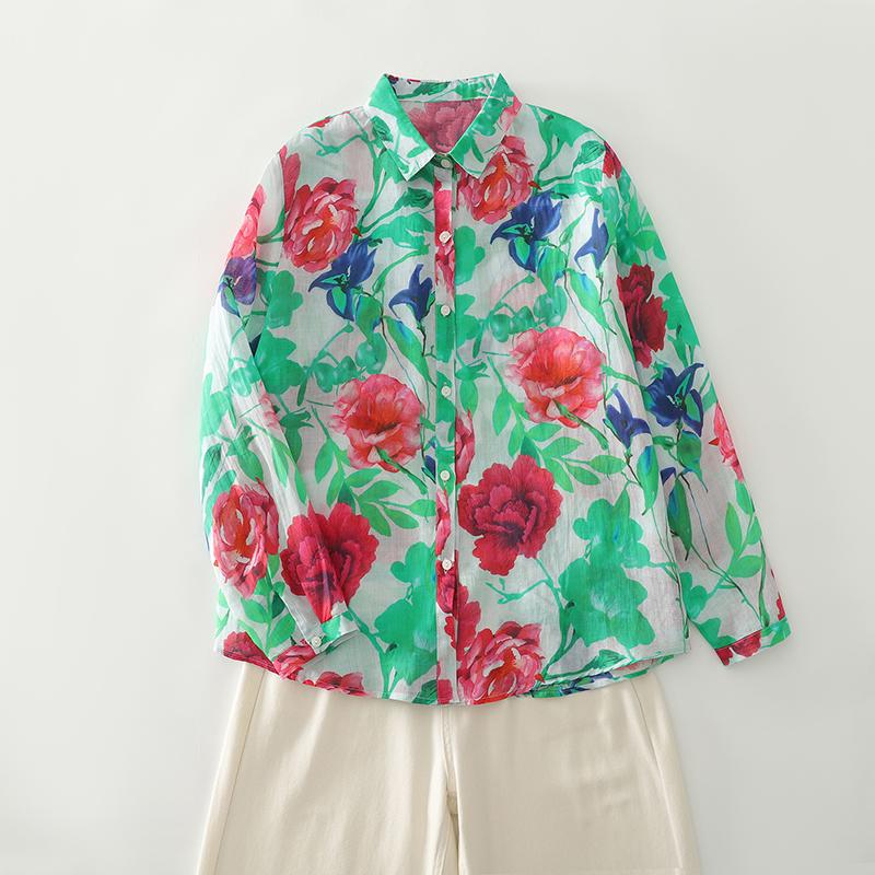 DIMANAF 2025 New Plus Size Women Tops Shirts Tees Button Casual Loose Blouse Autumn Print Cotton Long Sleeve