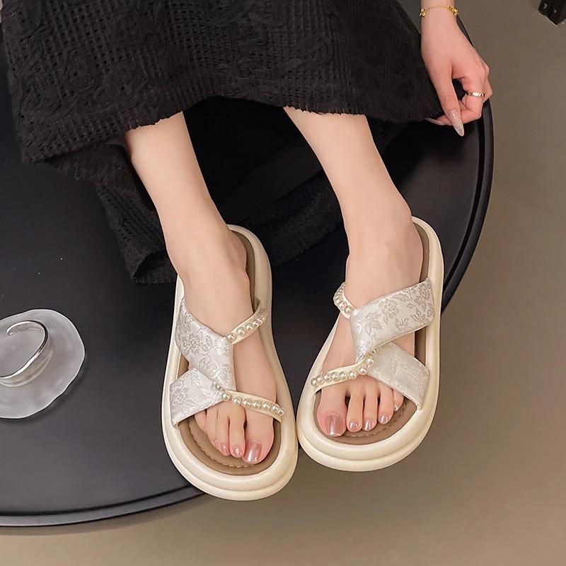 Fashion Women's Fashion Slippers Round Toe Platform Sole Pearl Anti-Slip Sole Shoes Women Dress Outdoor Retro Ethnic Zapatillas De Mujer