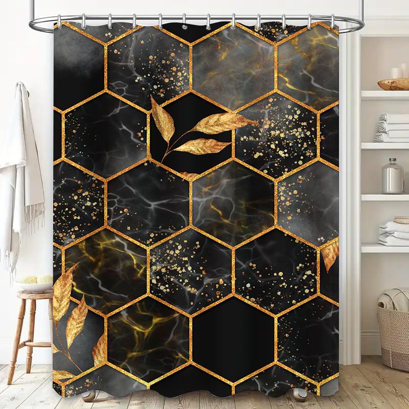 Luxury Hexagon Shower Curtain Set with Black Gold Marble Print for Bathroom Decor Waterproof Fabric Size 72 x 84 Inch (Black/Gol