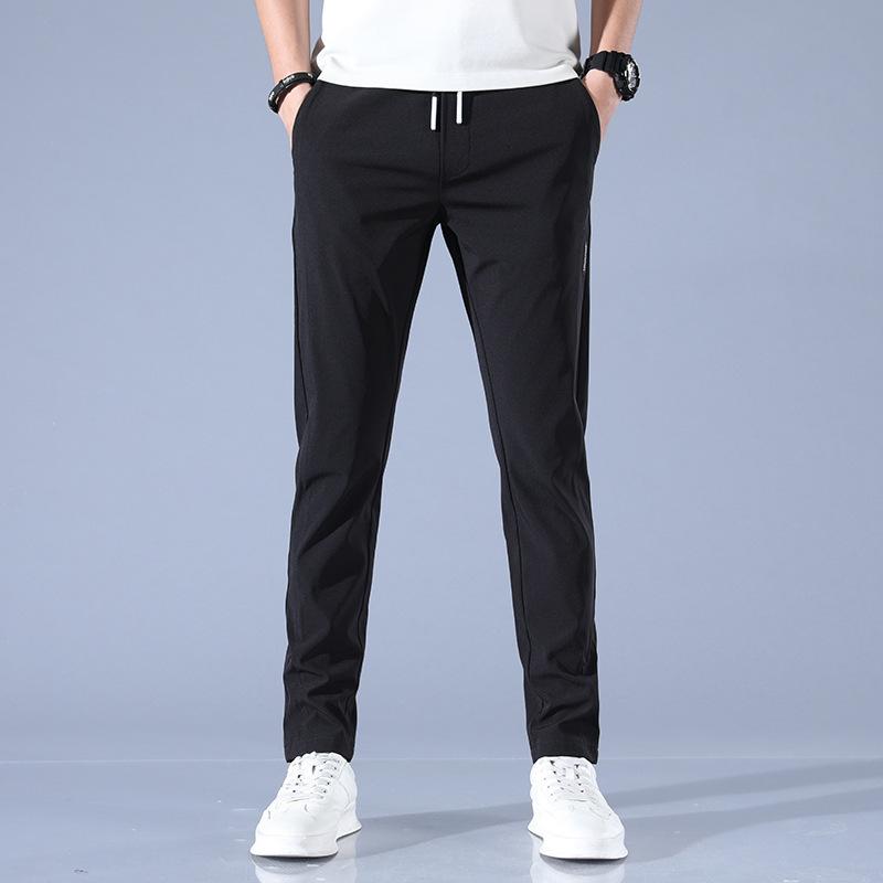 Men's Sports Casual Trousers Ice-Silk Summer Lightweight Style Trendy Versatile Straight-Leg Elastic Waist Loose-Fit Solid Colour Trousers