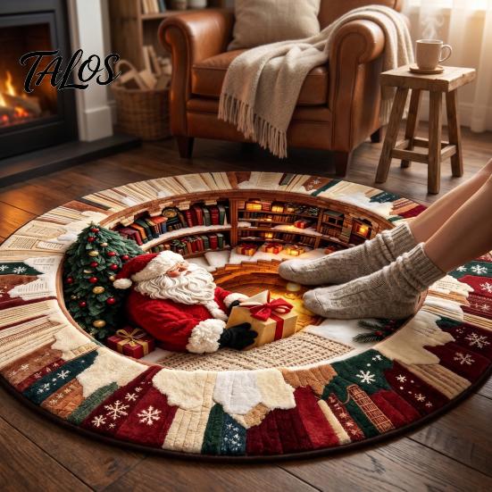 Wintervakantie Vloerbedekking 3D Optische Illusie Rond Kerstkleed, Schattige Kerstman Kristalfluweel Mat, Vloerkleed Levendig Gedrukt Rond
