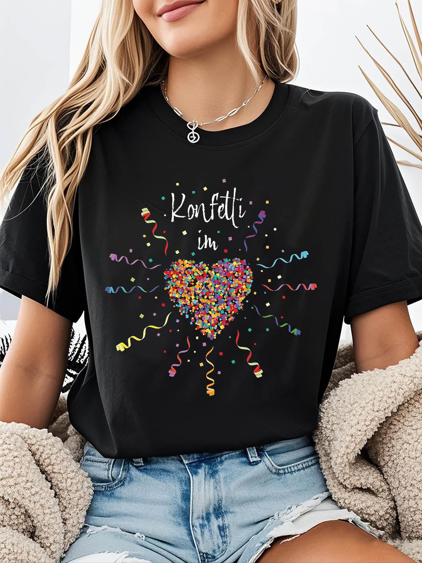 

Konfetti Im Herzen Letter Print T-shirt, Short Sleeve Crew Neck Casual Top for Summer & Spring, Women s Clothing S разноцветный