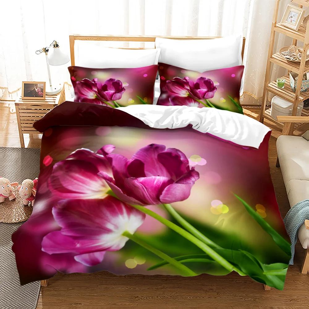 Flowers Queen Bedding Set 3D Print Singlesided Printed Comforter Plant Leaves Romantic and Warm Duvet Bedding Cover For Girls