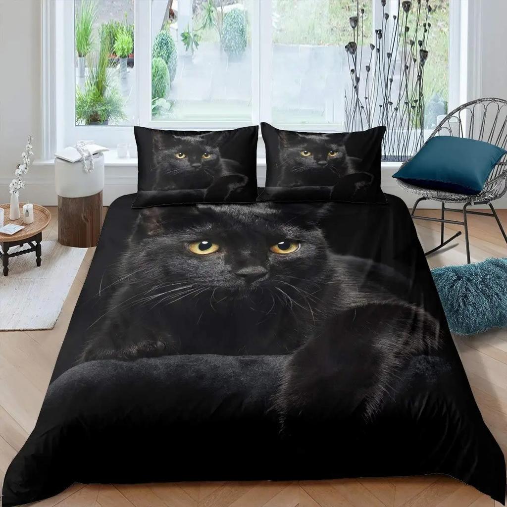 2026 Katzen Bettwäsche Set Haustier Katzen Muster Einzelbett Bettwäsche Set Niedliches Kätzchen Für Polyester Geheimnisvolle Schwarze Katze Kingsize Bettbezug