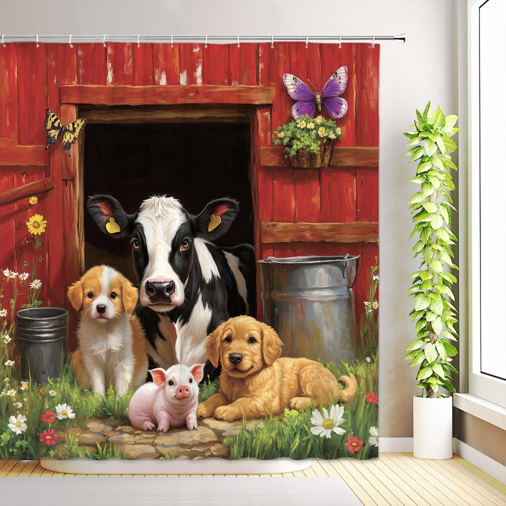 Cute Highland Cow Shower Curtain Funny Animals Rustic Farmhouse Cattle Butterfly Pink Flower Plants Cowboy Boots Bathroom Decor
