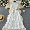 Summer Women's Dress Niche High-end Sense Hollow Embroidery Single-breasted Waist Elegant Knee-length Skirt