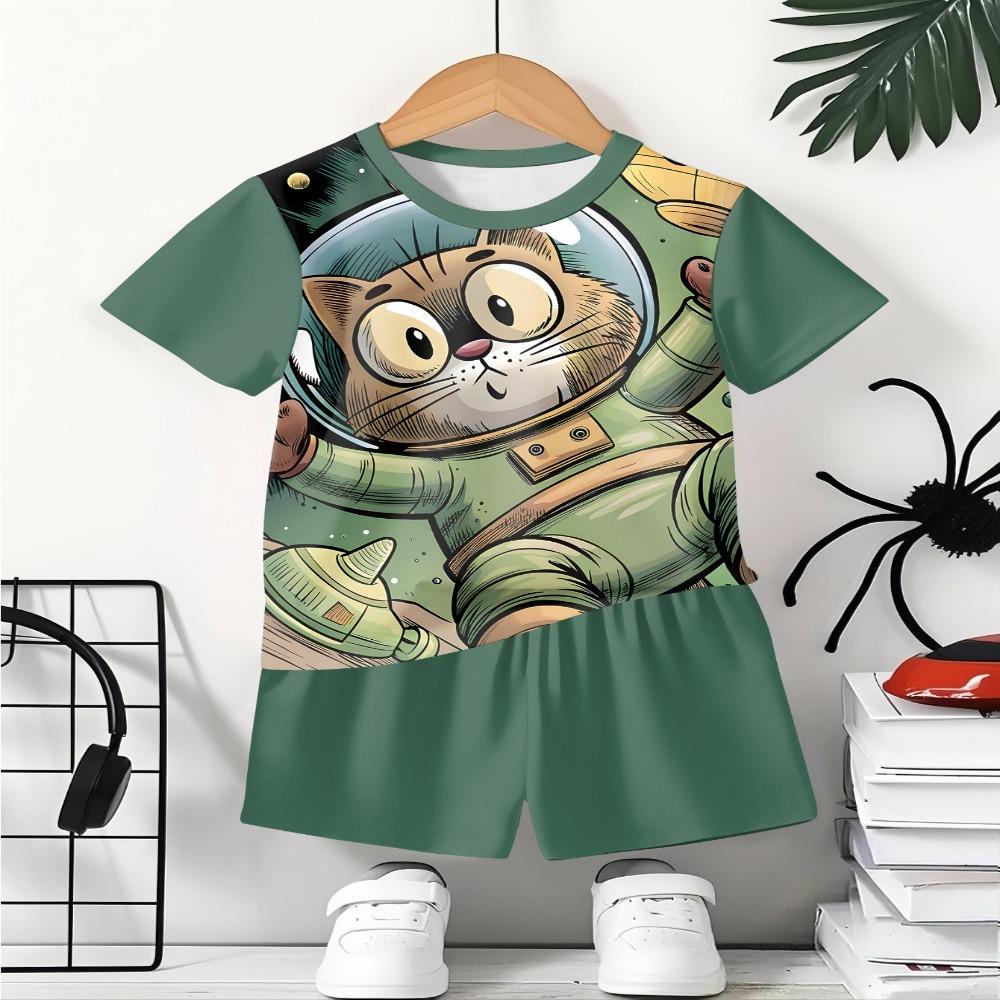 Boys green space cat astronaut printed short sleeved shorts set, trendy and casual two-piece set 5-6Y