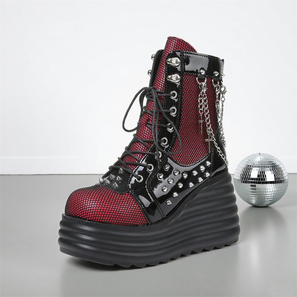 

Готические Y2k Женские Ботильоны Панк Танкетка Высокий Каблук Платформа Многослойная Подошва Металлические Заклепки Цепочка Декор Короткие Для Женщины Осень W 39