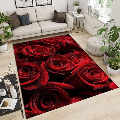 3D Red Rose Crystal Velvet Area Rug Romantic Floral Pattern Room Decor For Living Room Bedroom Study Hallway Non-Slip Floor Mat