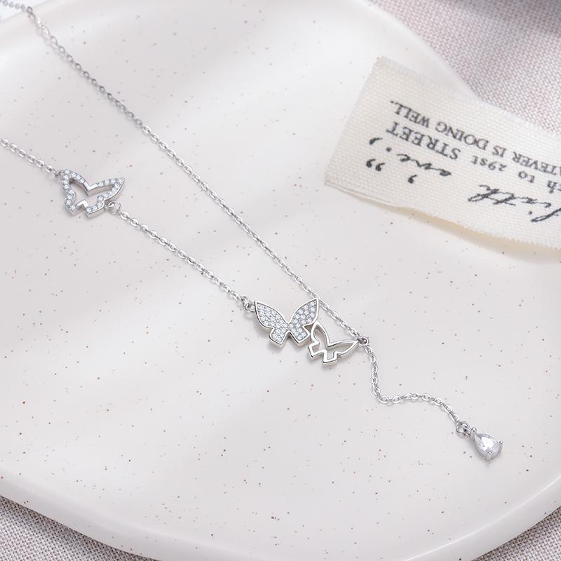 Elegant 925 Sterling Silver Butterfly Tassel Women's Necklace, High-end Exquisite Jewelry, Rhodium Plated