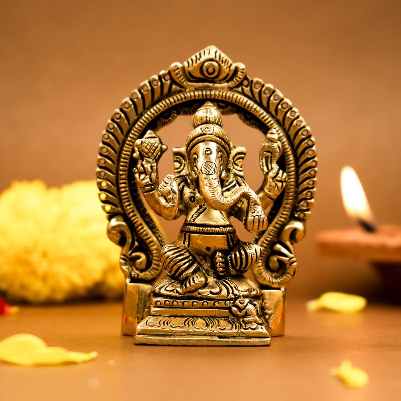 100% Pure Brass Ganesha Idol, Pital Ganesh Ji, Ganpati Murti, Gold, Religious