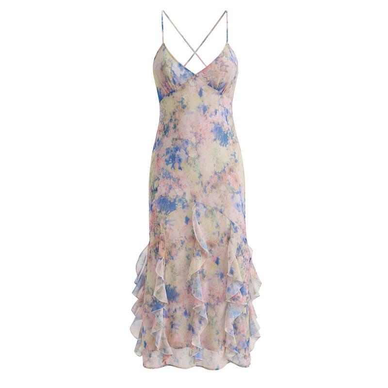 European & American Style 2026 French Print Ruffle Strappy Maxi Dress with Open Back Small