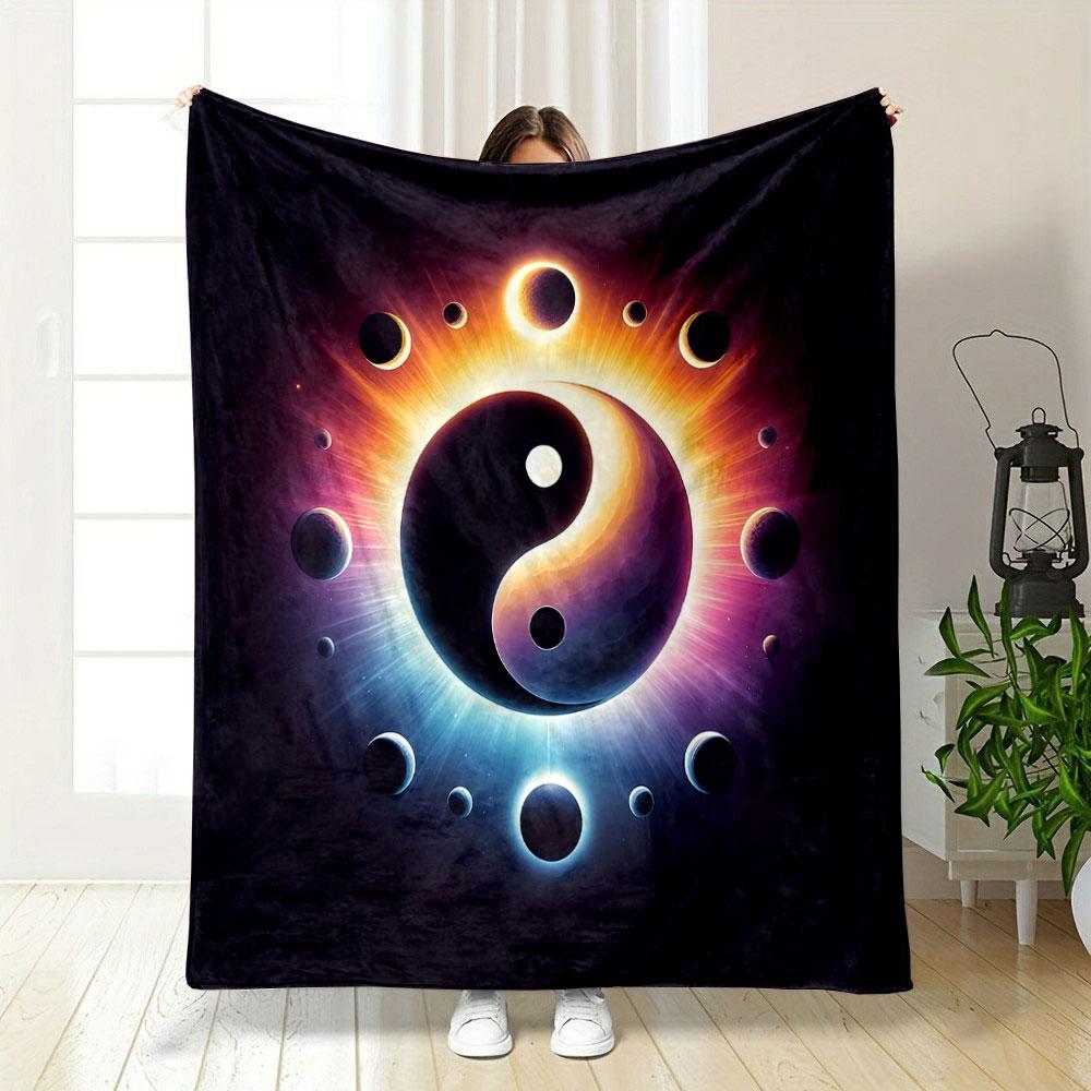 "Cosmic Yin Yang with Radiant Planets" Patterned blanket, flannel, suitable for all seasons, home decor, warm and cozy