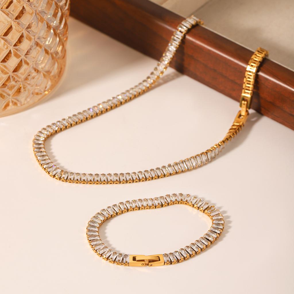 Wind Stainless Steel Inlaid Square Zircon Necklace Bracelet Light Luxury High-end Collarbone Chain Jewelry