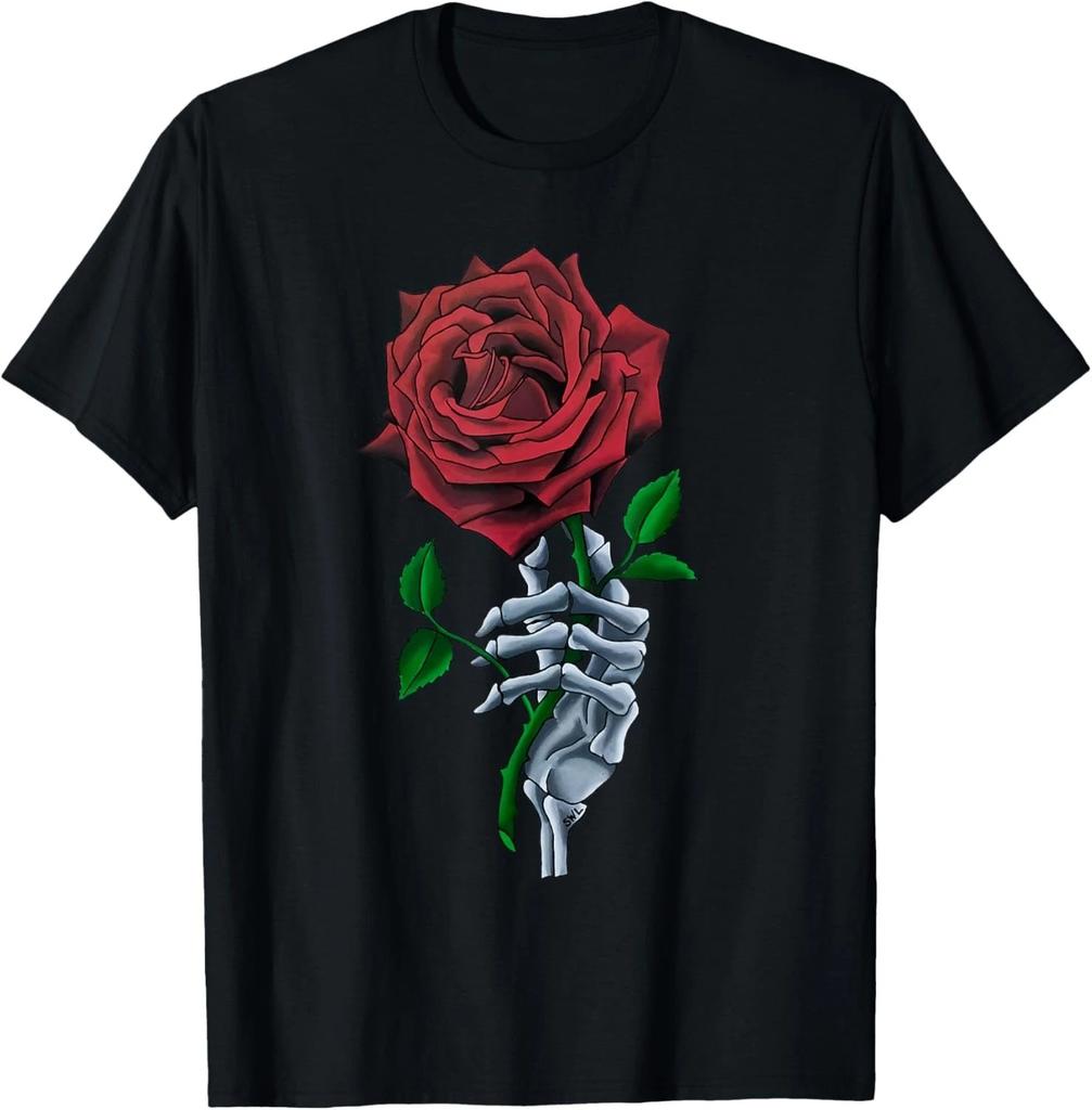 Skeleton Hand Holding Stem Flower Graphic Design Red Rose T- Shirt