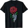 Skeleton Hand Holding Stem Flower Graphic Design Red Rose T- Shirt