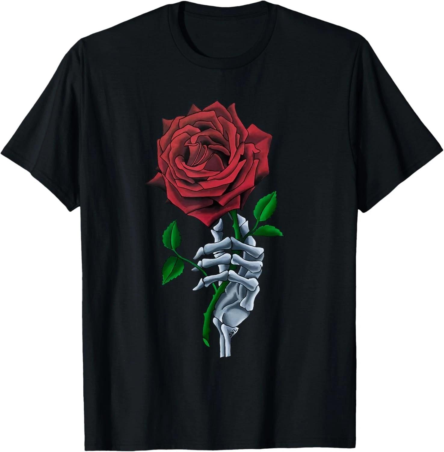 Skeleton Hand Holding Stem Flower Graphic Design Red Rose T- Shirt 4XL