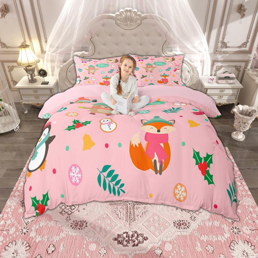 Homewish Kids Merry Christmas Duvet Cover Set, Cute Snowman Santa Claus Bedding, Tree Quilt Cover Set