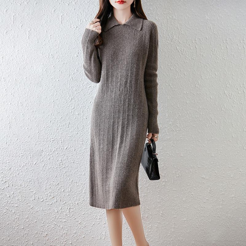 Women Sweater Dress 100% Wool MODERN NEW SAGA Turn-down Collar Knit Long Pullover Winter Jumpers Wool Long Dress Female