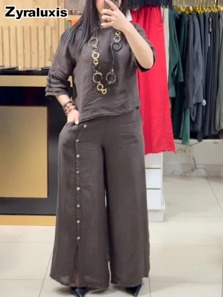 Women s Fashion Casual Loose Solid Color Cotton Linen Short Sleeve Shirt Long Pants Set S