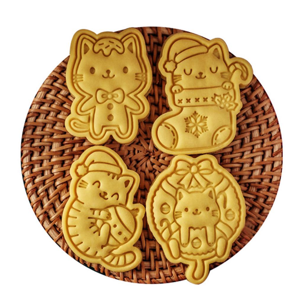 Christmas Cat Cookie Cutters Set Cartoon Pressable Biscuits Mold Plastic Cookie Stamps DIY Baking Tool Easy to Clean