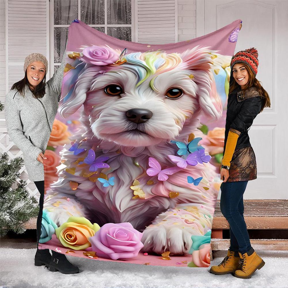1pc Floral Dog Throw Blanket Polyester Fiber, Lightweight Flannel, Soft & Warm, All Season Use for Outdoor, Camping