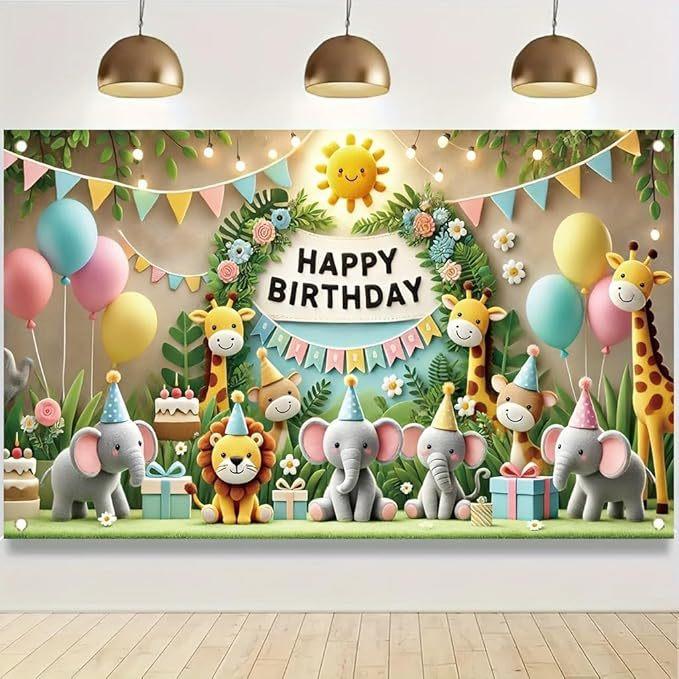 Cartoon Jungle Zoo Children's Birthday Party Decoration Photography Background Cloth Banner