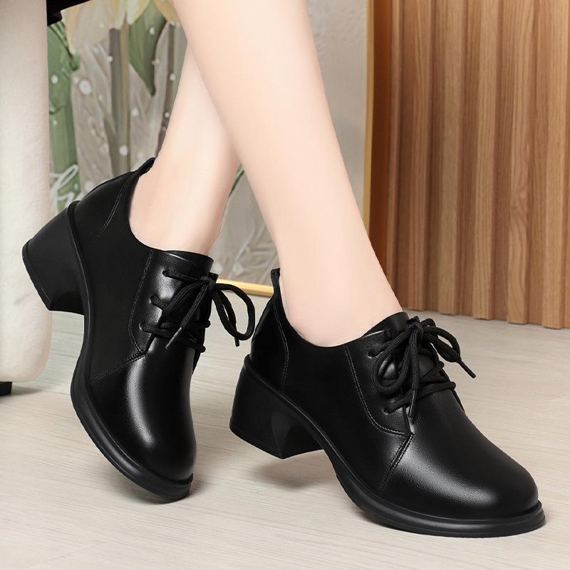 Soft leather soft sole, spring and autumn deep mouth lace-up single shoes work shoes women's black women's leather shoes