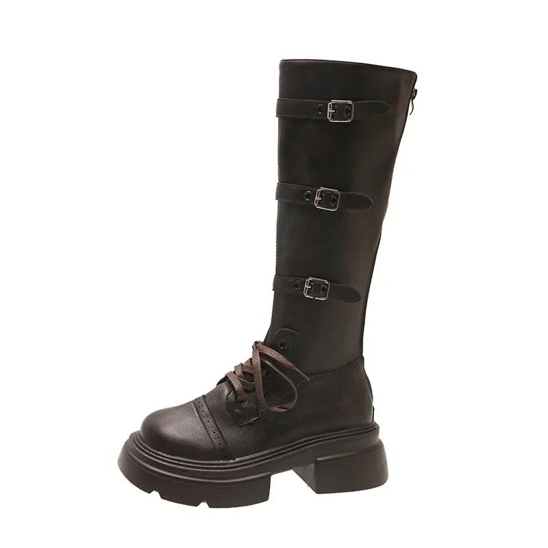 Fashion Fairy Wind Thick Heel Belt Buckle Thin Boots Female 2025 Autumn New Thick-soled Maillard Knee Boots