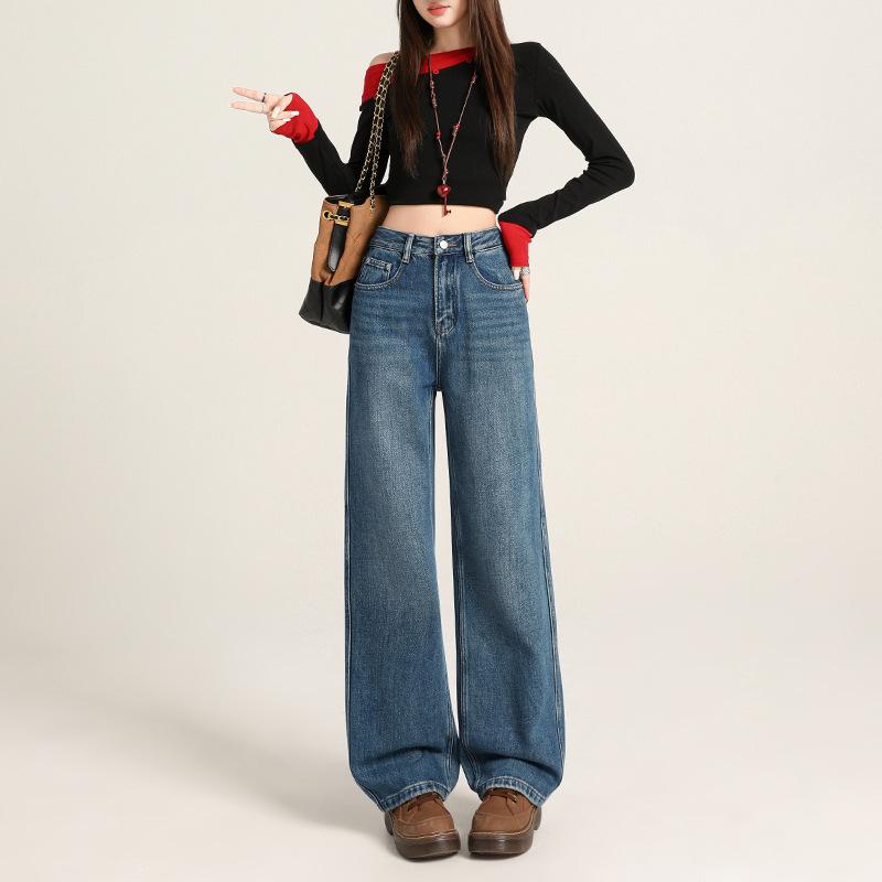 Dark Blue Narrow Velvet Jeans Women's Straight, Autumn and Winter High-waisted Wide-leg Pants