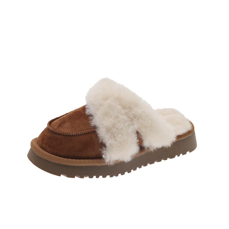Cowhide version of fluffy slippers for women's outer wear, advanced feeling, comfortable, simple and lightweight, casual, plush bag head drag, winter 